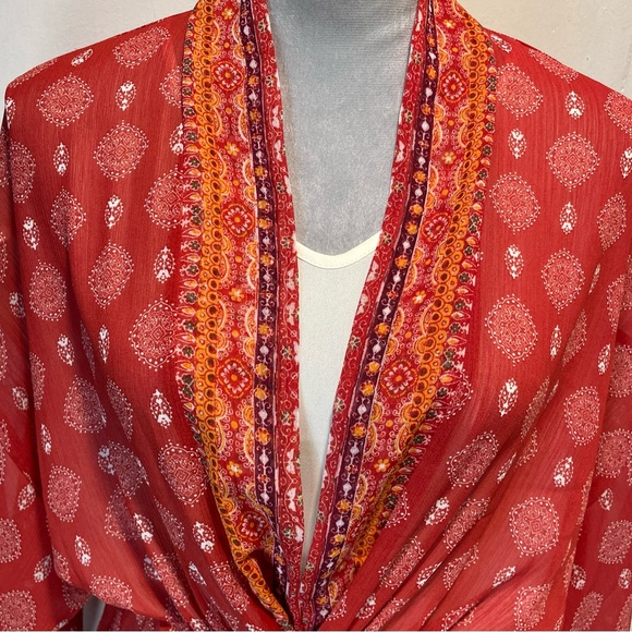 #0228 Xileration Red/Orange Sheer Kimono Accent Trim Drawstring with Tassels-S - Picture 6 of 9